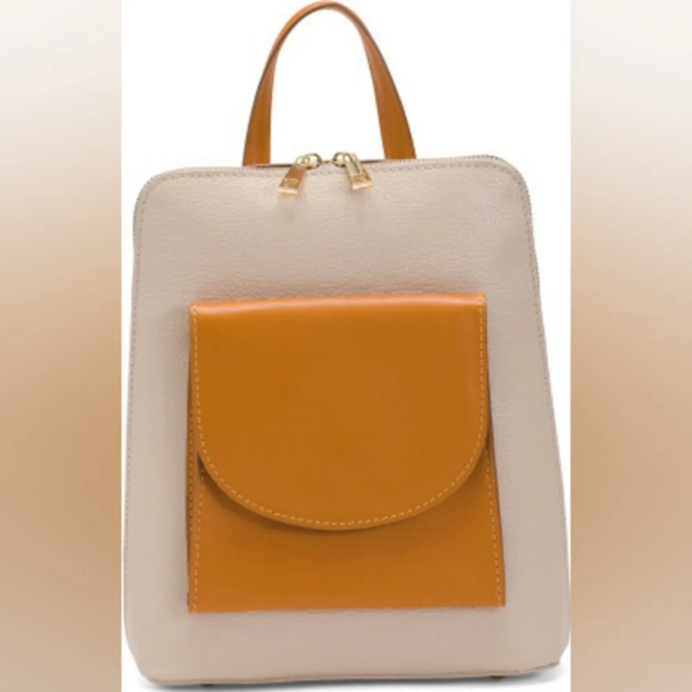 Taupe and Tan Leatherette Women's Backpack - Minimal Pocket Design